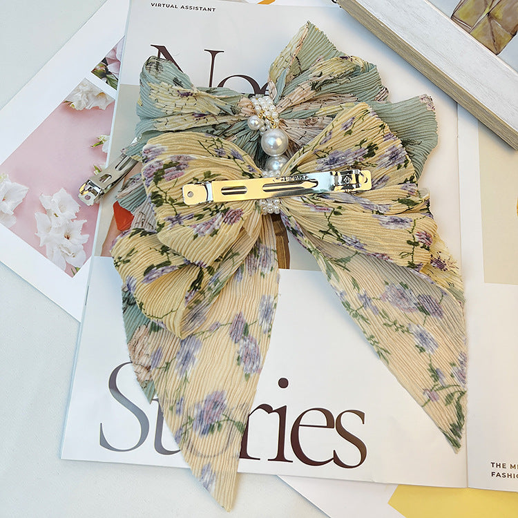 Wholesale Chiffon Pearl Floral Spring Clip Back of Head Top Clip